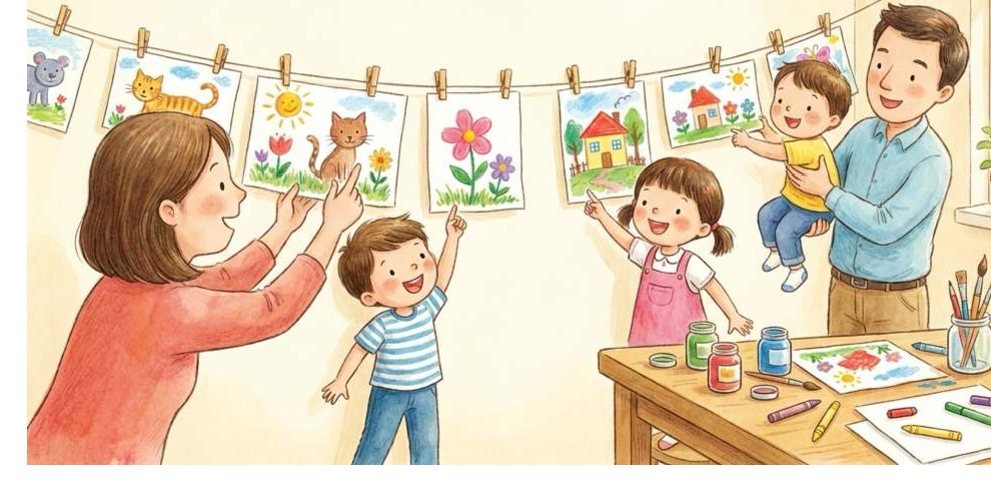 Family hanging kids' paintings on a string — Family Art Gallery activity illustration