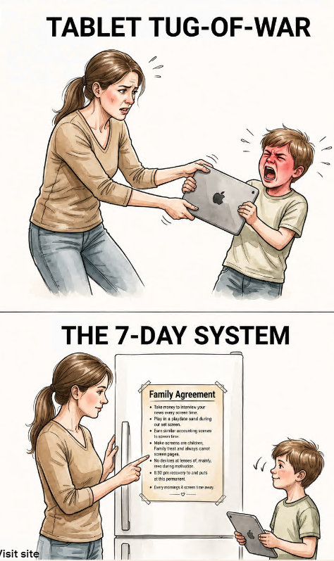 Tablet tug-of-war meltdown vs. the calm 7-Day Family Agreement system. Stop the daily screen time fights, ages 3-16.