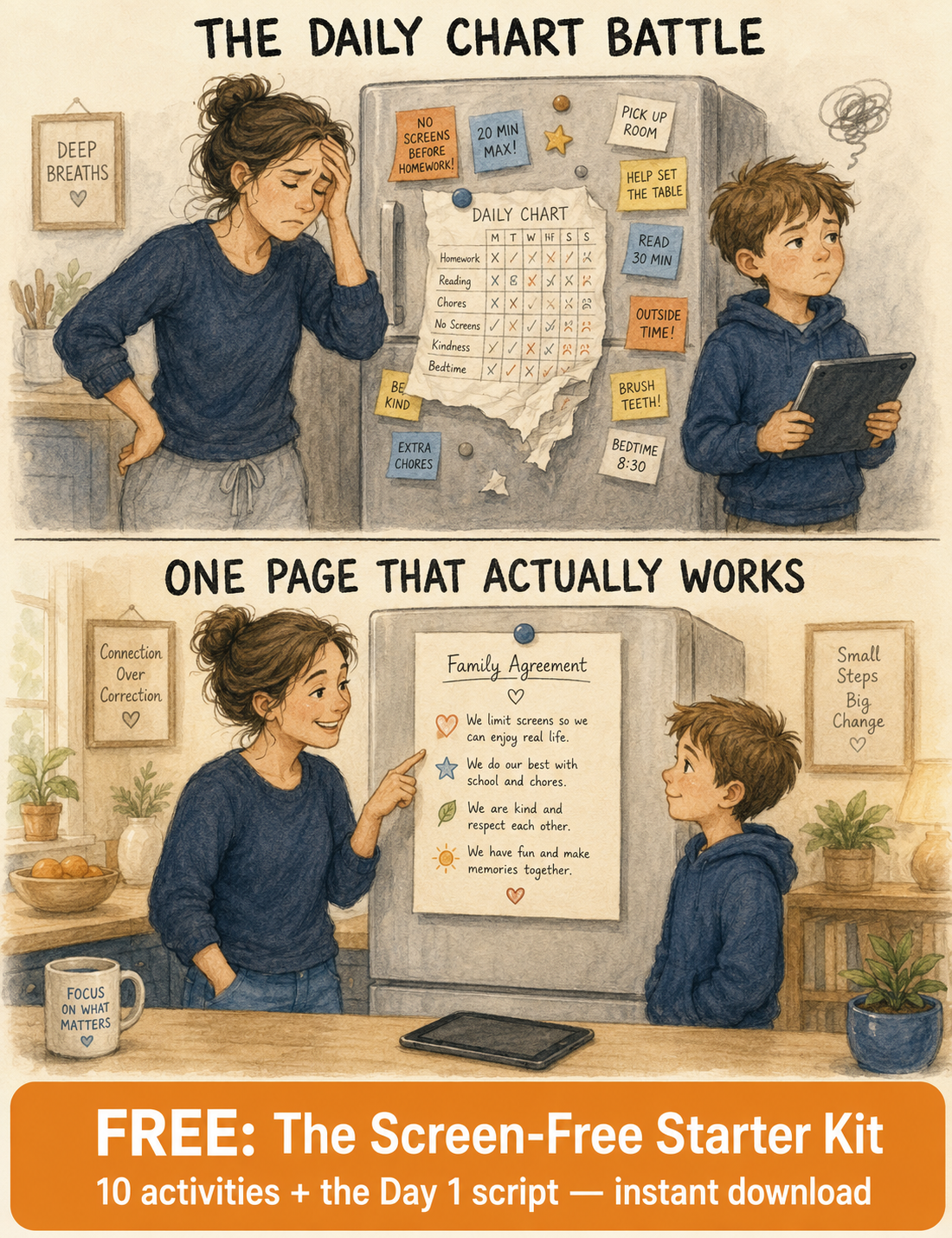 The daily chart battle vs. one Family Agreement page that works — free Screen-Free Starter Kit for parents, 10 activities plus the Day 1 script